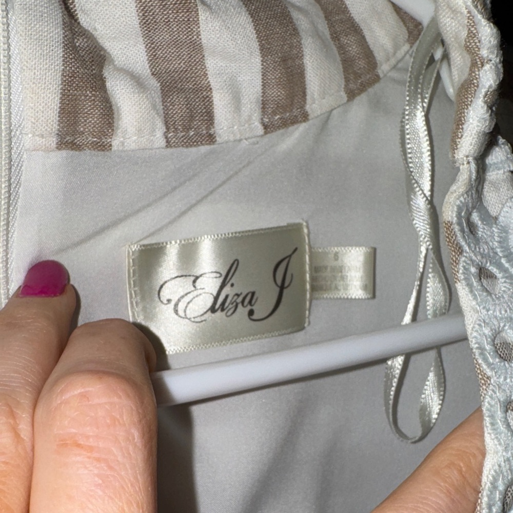 Eliza J Cream and White Striped Crochet-Trim Mini Dress - Picture 5 of 8